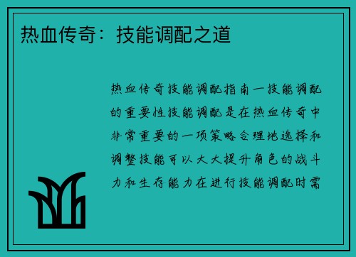 热血传奇：技能调配之道